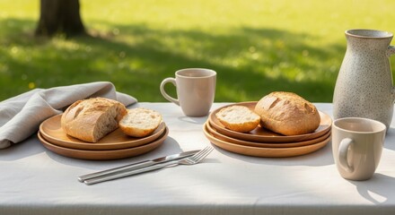 A rustic outdoor breakfast setting with two plates of bread, cups, and a pitcher on a white tablecloth. Green grass and trees in the background.