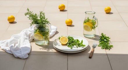 Lemonade setup with fresh lemons and herbs on a tiled surface. Glass pitcher and plates with lemon slices and mint leaves. Bright and refreshing summer scene.