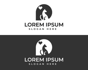 Silhouette of a cat sitting with a heart above it within a rounded arch shape animal logo