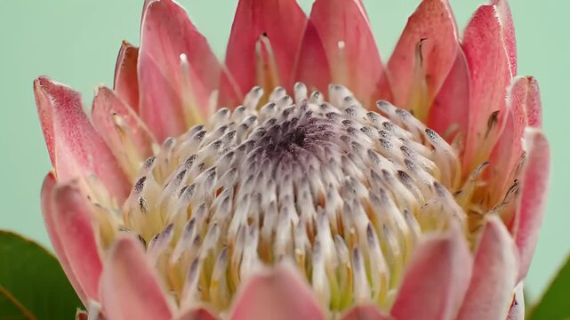 Extreme close-up of a vibrant pink protea flower against a soft green background, highlighting its intricate textures
