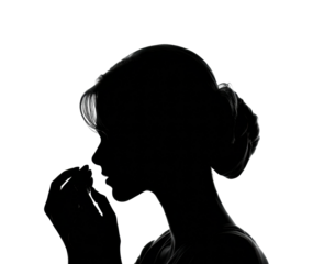 Silhouette woman pondering minimalist profile, isolated on transparent background, png