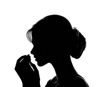 Silhouette woman pondering minimalist profile, isolated on transparent background, png