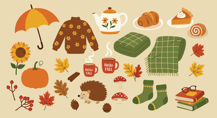 Cozy Autumn Collection of Seasonal Objects and Comfort Items.