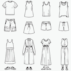 Casual women’s fashion silhouette set — black line vector icons of tops, shorts, dresses, and jumpsuits for style and design