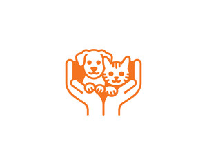 Orange Line Art Logo of Hands Holding a Dog and Cat animal care