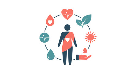 This conceptual illustration beautifully depicts a holistic approach to human health and well-being, emphasizing essential elements for a balanced lifestyle.