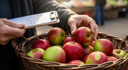 Farmer hands examining freshly harvested organic red and green apples in a wicker basket at market