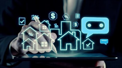 Professional navigating smart real estate platform on tablet AI chatbot assists with property investments home finance and digital housing market analysis 