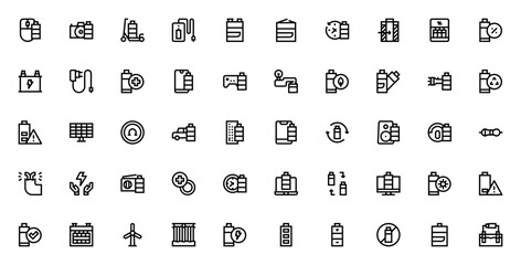 Battery icon set. Vector illustration. Electronics and energy symbols collection. Includes mouse, camera, scooter, power bank, charging, circuit, solar panel, electric car, rechargeable, and more.