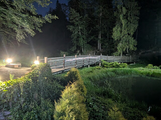 A wooden bridge illuminated at night over a calm pond in a serene forest setting.