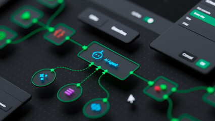 AI workflow automation artificial intelligence software interface nodes triggers data tool dashboard coding icon flow process technology 3d rendering.