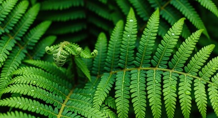 Lush green fern fronds with sparkling raindrops and a delicate unfurling fiddlehead