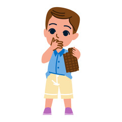 Child enjoying delicious chocolate bar and covering mouth