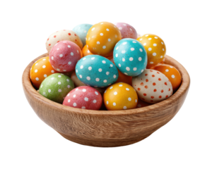 Colorful easter eggs in wooden bowl festive decoration, isolated on transparent background, png