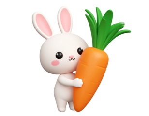 Chibi-Style 3D Bunny Standing with Carrot in Hand, Blushing Cheeks, and Round Body, Transparent PNG