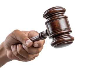 Courtroom verdict action legal proceedings gavel in hand, isolated on transparent background, png