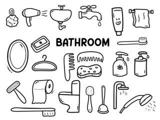 Set of icons with Bathroom Appliances theme. With doodle style. For layout, website, graphic design.	