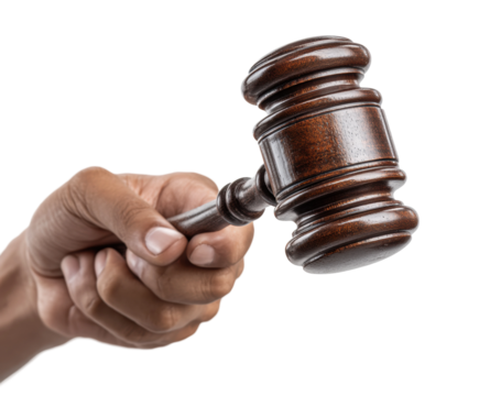 Courtroom verdict action legal proceedings gavel in hand, isolated on transparent background, png