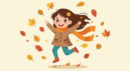 Happy Girl Jumping in Autumn Leaves.