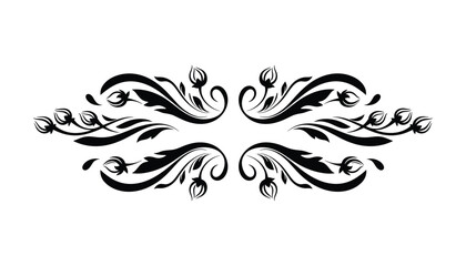 Decorative floral design element featuring a symmetrical arrangement of curled leaves and flower buds in black.