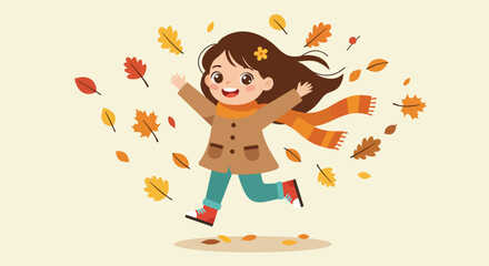 Happy Girl Playing in Autumn Leaves