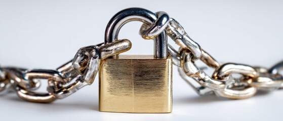 The padlock secured between heavy chrome chains on a clean white background
