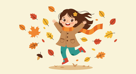 Happy Girl Playing in Autumn Leaves