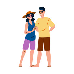 Happy couple wearing sunglasses and summer clothes is enjoying vacations