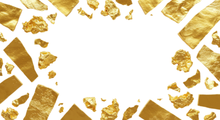 Shimmering, irregularly shaped gold foil fragments and delicate gold leaf pieces artfully scattered on a pristine transparent background with negative space for text overlay, concept of luxury wealth
