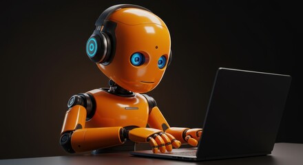 Orange robot with headphones works on laptop in a modern technology concept