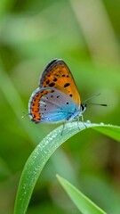 Obraz premium A butterfly rests on a dewy leaf