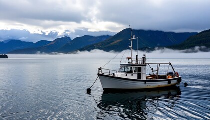 White Boat in Misty Bay with Mountain Horizon
