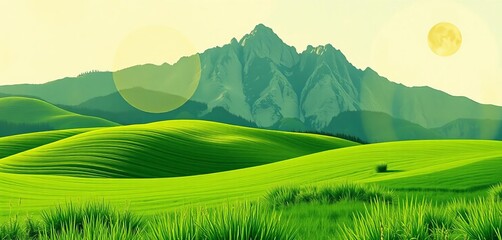 Obraz premium Abstract green field & mountain vector collage, organic textures, vintage style, summer adventure theme, layout, adventure