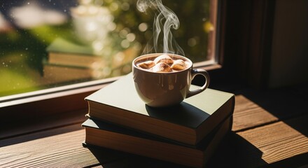Steaming hot chocolate with marshmallows on books by a sunlit window