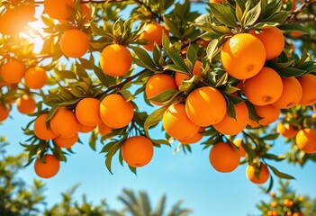 A vibrant orange tree laden with ripe oranges under a sunny sky,  design element,  branches