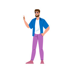 Confident man explaining and gesturing with hand in pocket