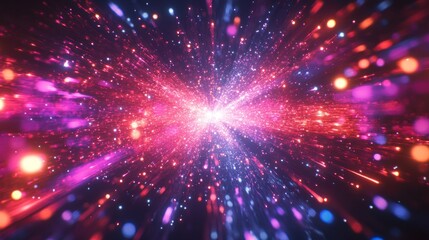 Abstract vibrant explosion of colorful light streaks and particles radiating outward on a dark background.