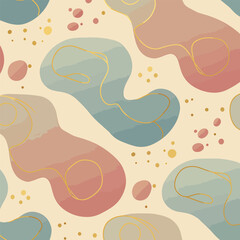 Seamless Pattern, Abstract pattern with organic shapes in pastel colors and golden line accents Stock royalty free