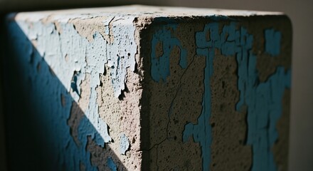 Aged concrete pillar surface with peeling blue paint and dramatic shadow