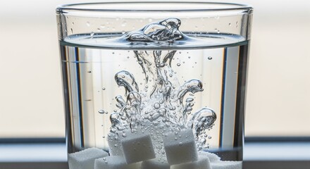 Close up of sugar cubes dissolving rapidly in a clear glass of water, creating bubbles and splashes