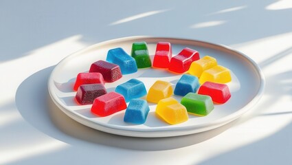 Vibrant creatine gummies display on a white plate colorful treats in natural light healthy snack concept