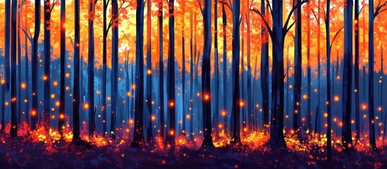 Fototapeta premium A vibrant illustration of a forest with glowing orange leaves and a magical atmosphere.