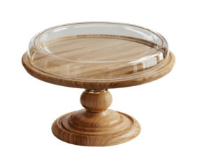 Elegant wooden cake stand displaying desserts in modern kitchen, isolated on transparent background, png