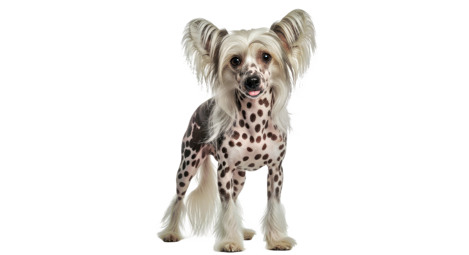 Adorable Chinese Crested dog on white: exotic pet with spotted skin.