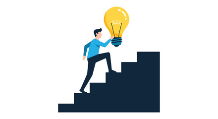 A determined person climbs a staircase, holding a bright lightbulb, illustrating the conceptual journey of developing innovative ideas and achieving success through progress.