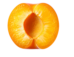 Apricot half with stone centered, glowing orange pulp and fine fibers captured in crisp macro cross-section on isolated background