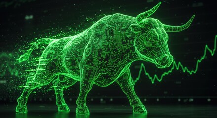 Digital bull symbolizes stock market trends investment and financial growth with technology circuit design for online future economy success