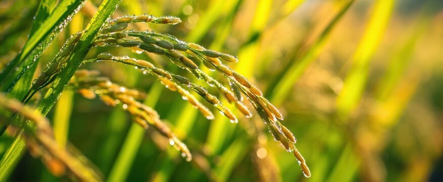 The Rice Panicles With Dew Drops In Golden Backlit Morning Field