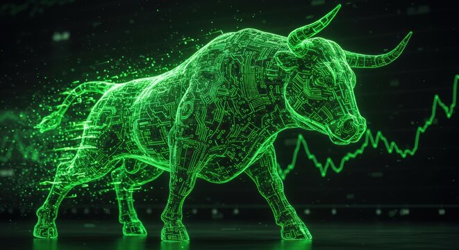 Digital bull symbolizes stock market trends investment and financial growth with technology circuit design for online future economy success