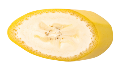 Banana end piece round slice with creamy flesh, seeds traces and yellow rim, crisp fruit cross-section macro on isolated background